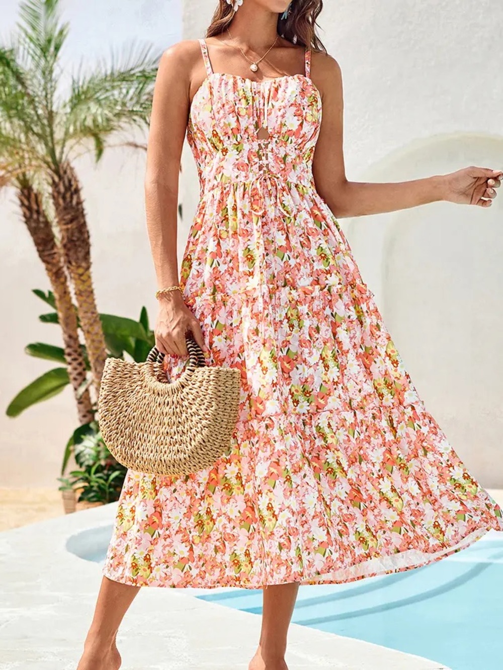 Grace Karin Pink Floral Smocked Midi Dress with Adjustable Straps